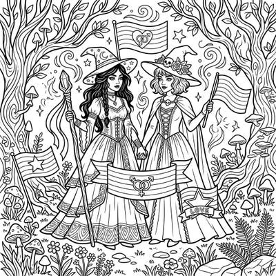 Step into an enchanting world where dark romance meets vibrant celebration with our Gothic Witches Pride coloring page. Featuring two elegant witches in Victorian attire, this design beautifully intertwines themes of love, magic, and diversity.