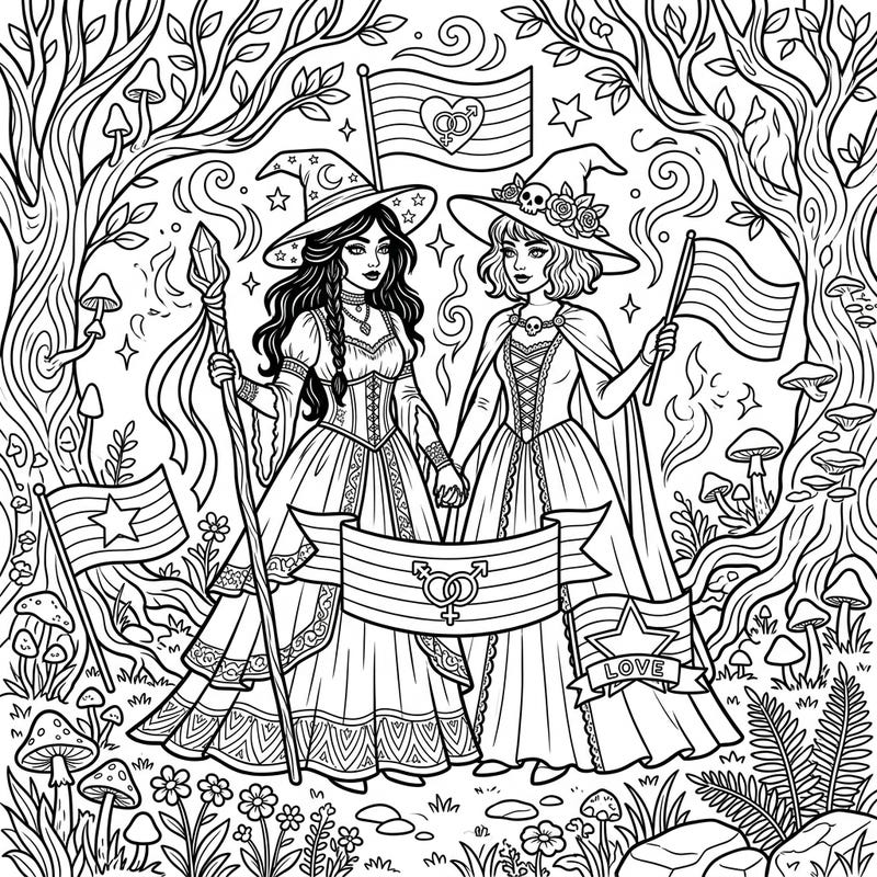 Step into an enchanting world where dark romance meets vibrant celebration with our Gothic Witches Pride coloring page. Featuring two elegant witches in Victorian attire, this design beautifully intertwines themes of love, magic, and diversity.