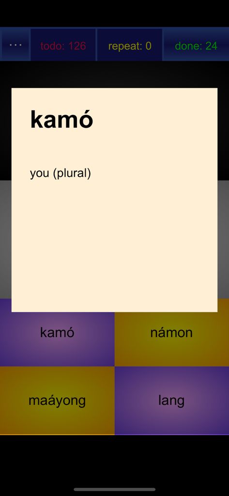 Speakin Ilonggo app interface showing the Hiligaynon word kamo and its English translation