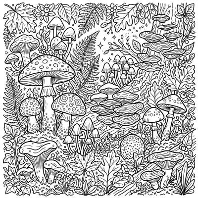 Immerse yourself in the enchanting world of the forest floor with this intricate mushroom and fungi coloring page. Featuring a rich variety of whimsical patterns and natural elements, it offers a delightful escape for adult and teen colorists.