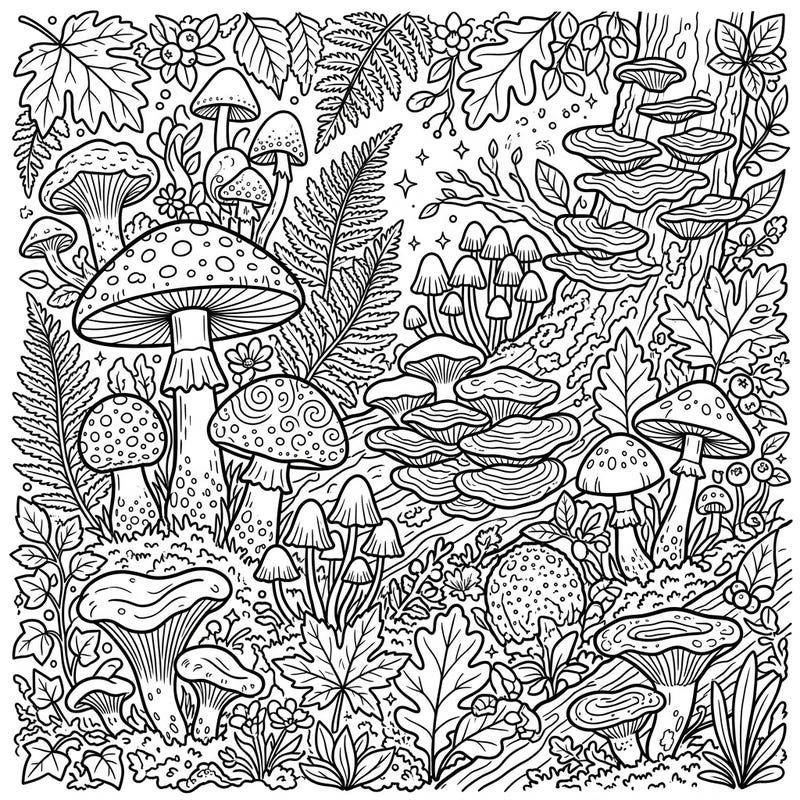 Immerse yourself in the enchanting world of the forest floor with this intricate mushroom and fungi coloring page. Featuring a rich variety of whimsical patterns and natural elements, it offers a delightful escape for adult and teen colorists.