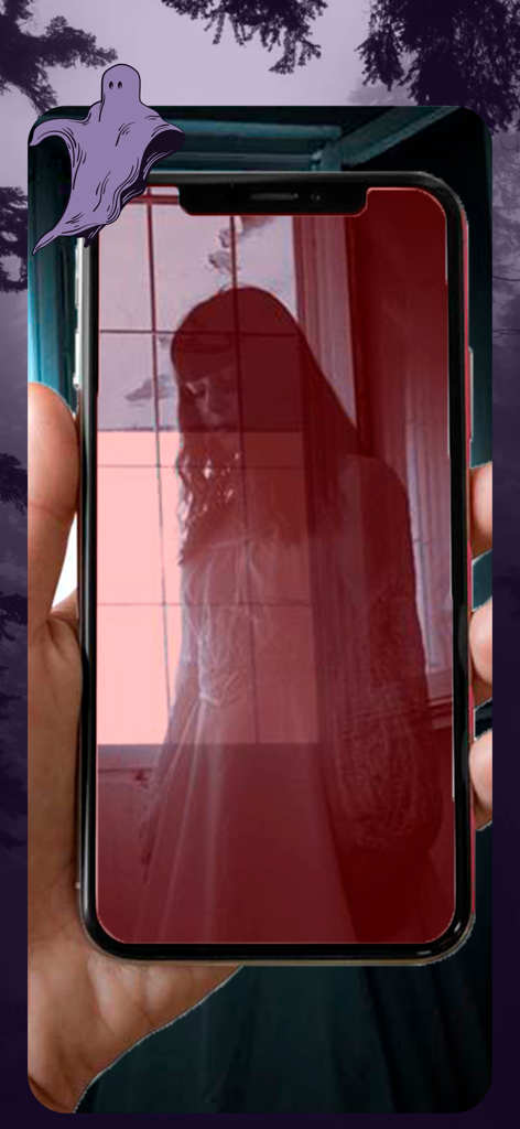 Camera Ghost Radar Game - iPhone mostrando una figura fantasmal con un vestido blanco usando el juego de RV del Radar Fantasma de Cámara