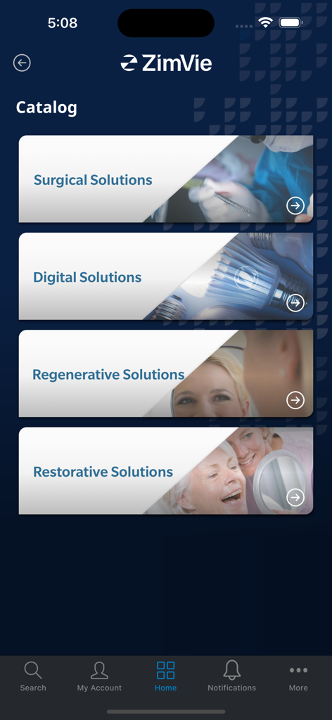 ZimVie Dental Education - Catalog screen of the ZimVie Dental Education app displaying surgical digital regenerative and restorative dental solutions