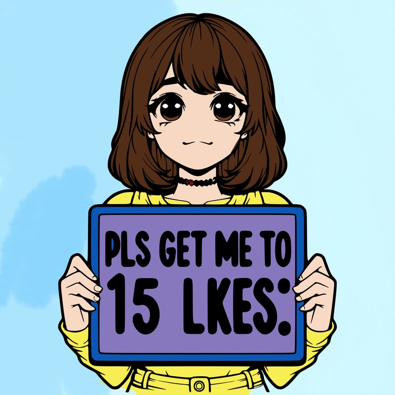 realistic girl holding up a sign that says “pls get me to 15 likes!”