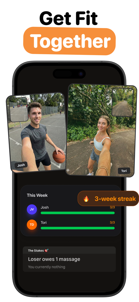 Sweatmates: Couples Fitness - Sweatmates app interface showing couples workout photos and weekly fitness progress tracking