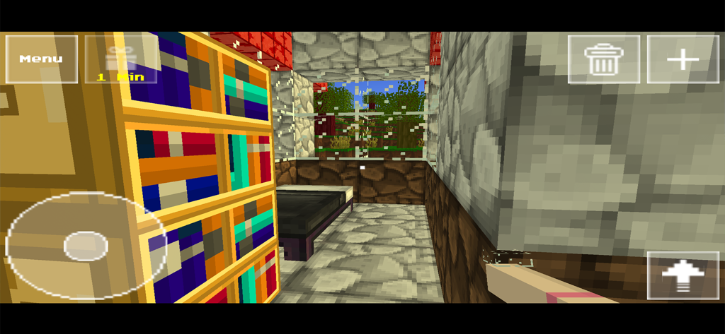 BoomCraft - A voxel-style bedroom with a bookshelf and a bed in the BoomCraft game