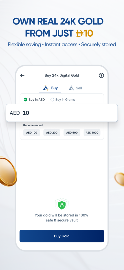 Just Gold app interface for buying physical-backed 24K digital gold starting from 10 AED.