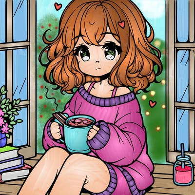 cute anime girl reading book and drinking hot chocolate from mug with loose wavy hair wearing a baggy sweatshirt and shorts sitting by windowsill looking out