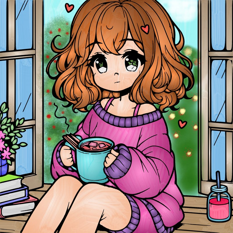 cute anime girl reading book and drinking hot chocolate from mug with loose wavy hair wearing a baggy sweatshirt and shorts sitting by windowsill looking out