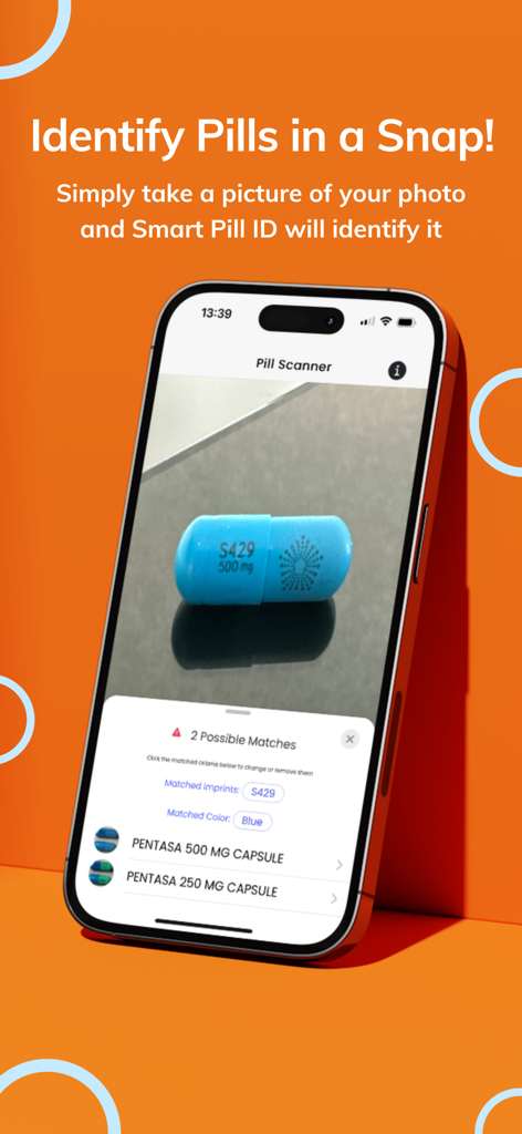 Smart Pill ID - Identify Drugs - Écran d'iPhone montrant l'application Smart Pill ID scannant une capsule bleue pour identifier le médicament Pentasa