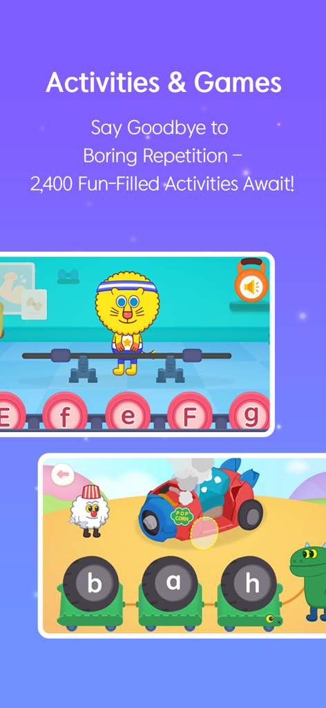 HiDODO: AI English Play School - Dos pantallas de juegos de la aplicación HiDODO que muestran actividades interactivas de fonética y emparejamiento de letras en inglés para niños.