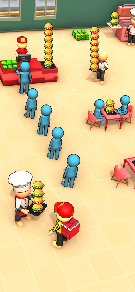 A busy fast food restaurant gameplay scene with customers in line and staff serving stacks of burgers.