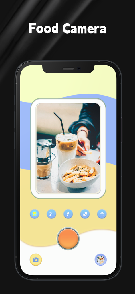 Dazz Cam app interface showing the Food Camera mode with a retro film aesthetic photo of coffee and food