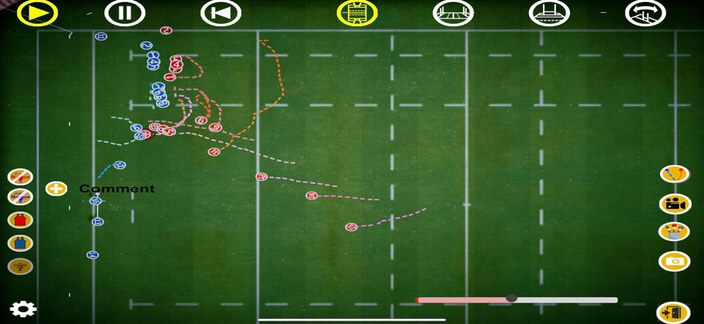 Vista de arriba hacia abajo de las trayectorias y posiciones de los jugadores de rugby en un campo táctico digital