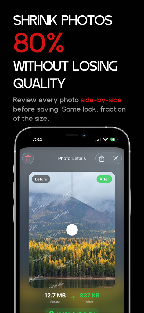 Video Compressor - HEVCut - Before and after comparison of photo compression in HEVCut app showing eighty percent size reduction