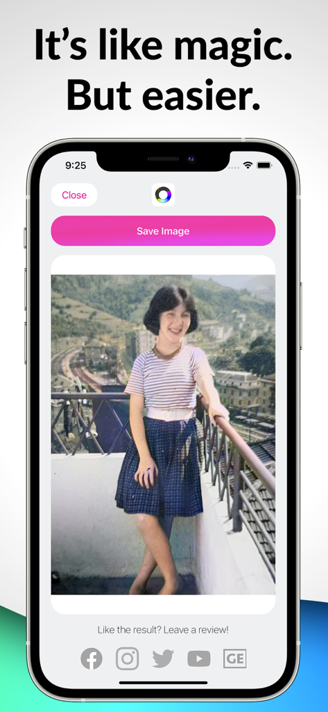 Image Colorize - Old Photos AI - Interface of the Image Colorize app showing a colorized vintage photograph of a woman standing on a balcony