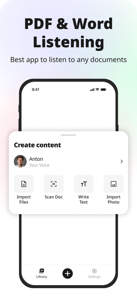 Koto AI Reader: Text To Speech - Interfaz de Koto AI Reader que muestra opciones para importar archivos PDF y Word para conversión de texto a voz.