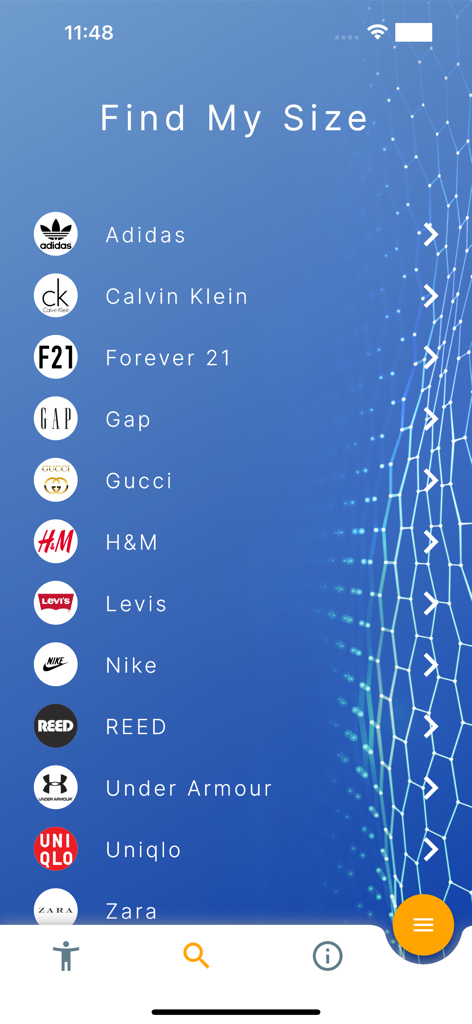 Abody.ai - Abody.ai app screen showing a list of clothing brands for finding the perfect size recommendation
