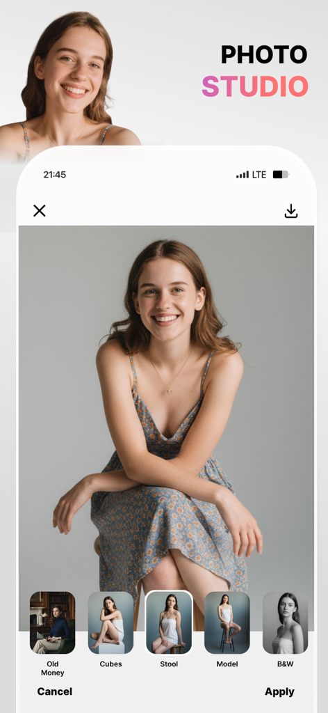 Interface do aplicativo móvel Visio AI Photo Editor mostrando presets de sessão de fotos profissionais aplicados a um retrato de uma mulher sorrindo.