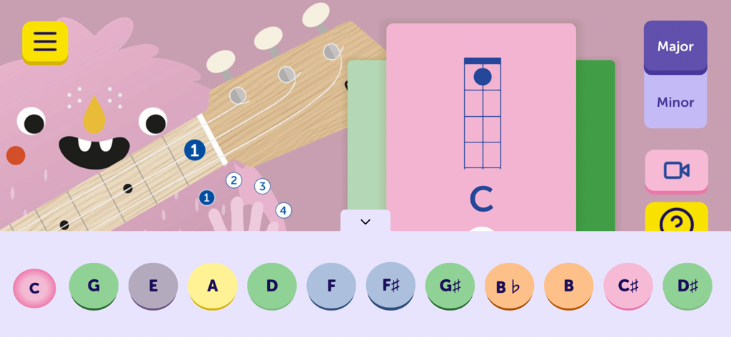 Loog Guitar app interface showing chord diagrams and a three string guitar neck for kids