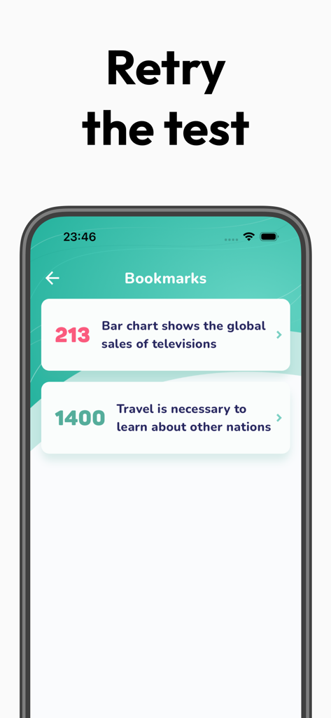 IELTS Writing Tests - A mobile screen showing bookmarked IELTS writing tasks for practice
