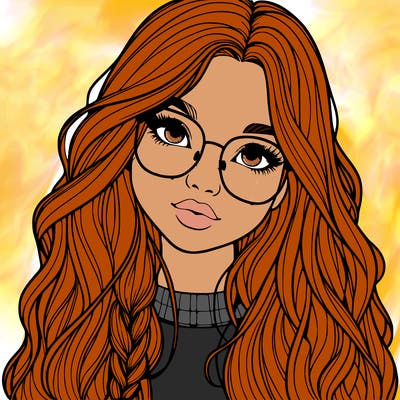 girl with long hair and freckles and glasses realistic