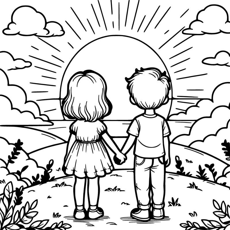 girl and boy holding hands in sunset