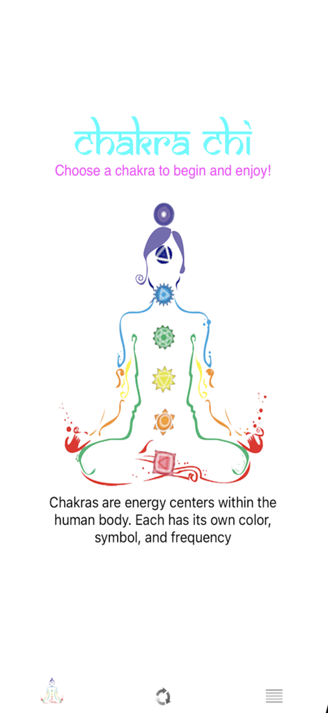 Screenshot of the Chakra Chi app home screen showing a meditating silhouette with the seven chakra energy centers and their symbols.