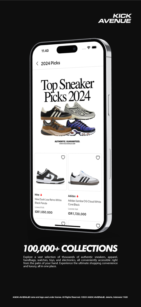 Kick Avenue App auf einem Smartphone, die die Top-Sneaker-Auswahl für 2024 mit Modellen von Nike und Adidas zeigt