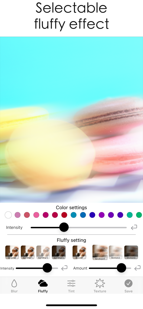 Mobile app interface showing the selectable fluffy blur effect being applied to a photo of colorful macarons with intensity and color settings