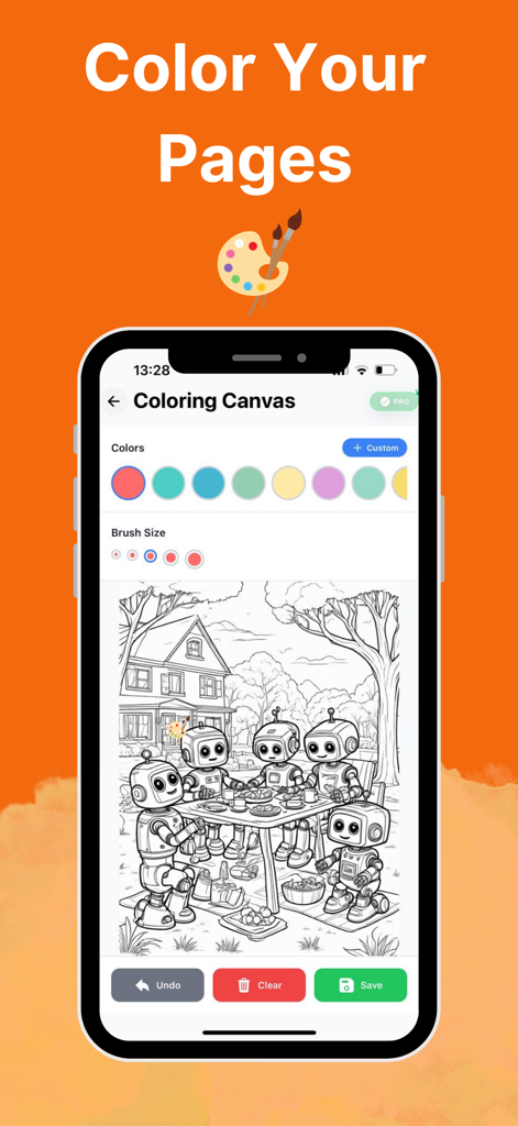 Painty: AI Printable Pages - Interface do aplicativo Painty para colorir digital com uma ilustração de piquenique de robôs.