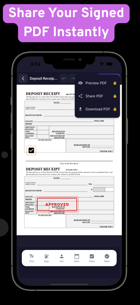 Fill and Sign PDF - SignFill - SignFill Pro app showing a stamped deposit receipt and PDF sharing options on an iPhone