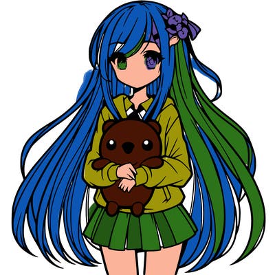 a girl with long hair holding a plushie also anime styled