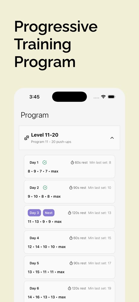 Daily Push app screenshot showing a progressive training program with daily push up levels and rep counts