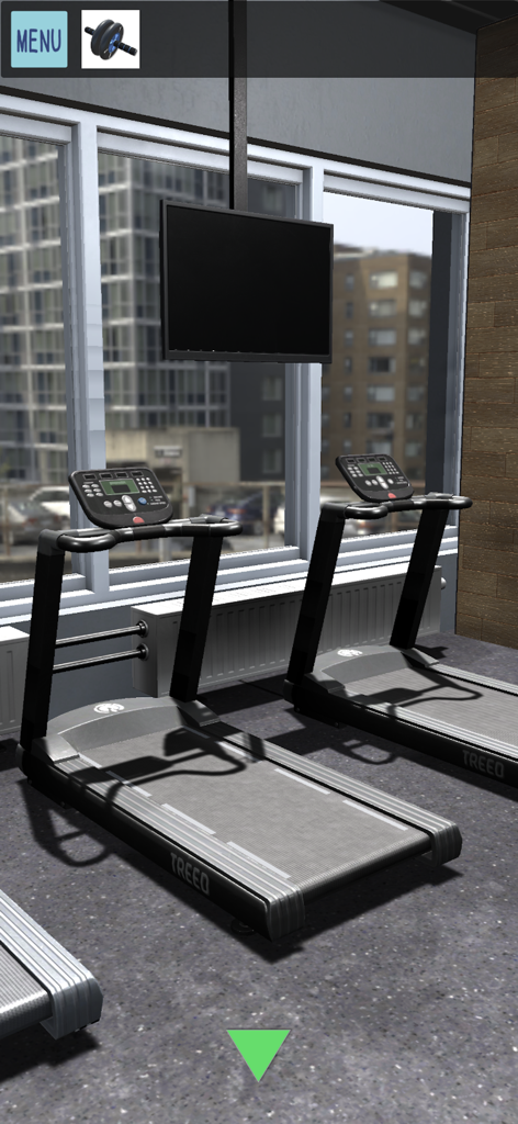 Want to Train my body - Interior de gimnasio con cintas de correr y ventanas con vistas a la ciudad en el juego Want to Train my body.