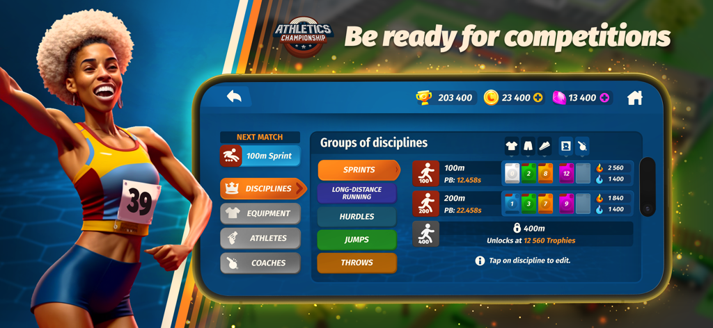 Athletics Championship - Interface do jogo mobile mostrando disciplinas de atletismo como corridas com barreiras e saltos com um avatar de atleta feminina.