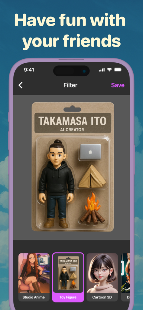 A smartphone screen showing a toy figure filter that turns a person into a 3D action figure in its original packaging