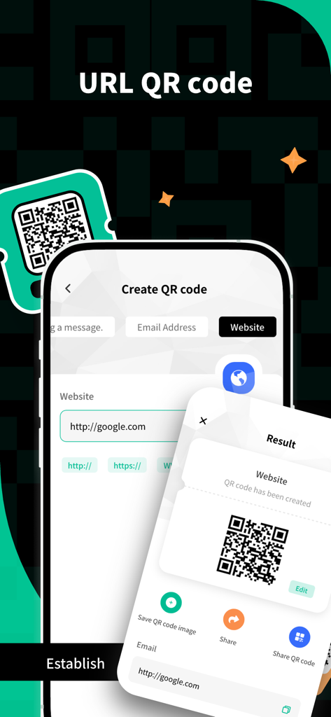 Interface of the app showing the creation of a QR code from a website URL