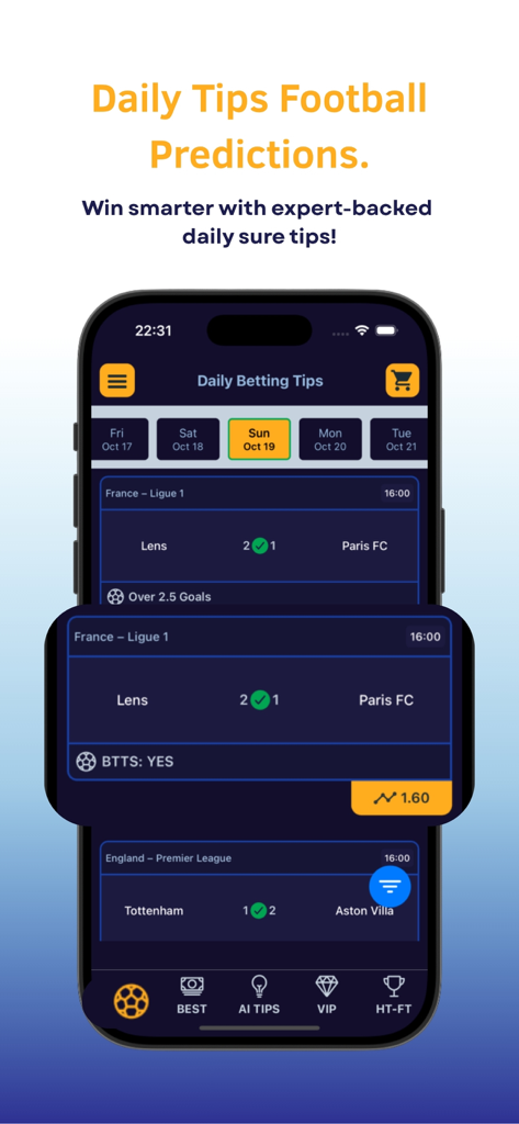 Betting Tips: AI Predictions - ベッティングのヒント AI予測アプリのモバイル画面。ダークブルーのインターフェイスで、毎日のフットボール予測とAIベッティングヒントを表示。