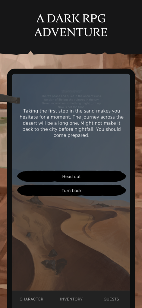 Eldrum: Black Dust - Text RPG - A dark text RPG adventure screen with narrative choices set against a desert background