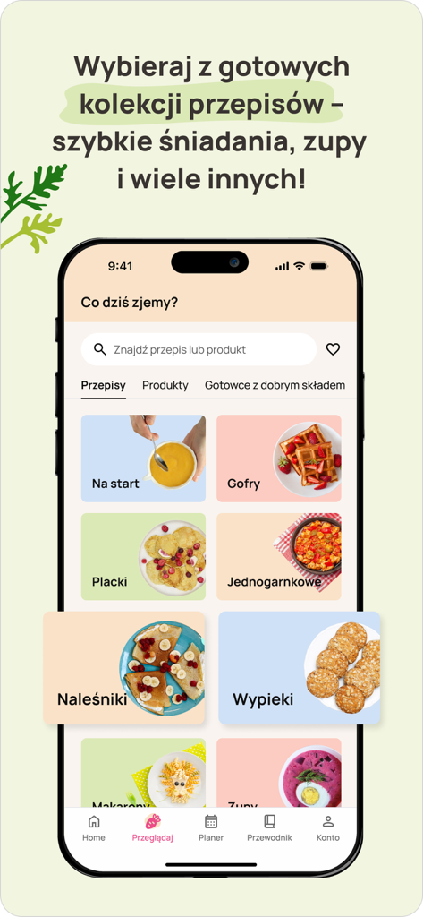 Écran d'iPhone montrant les collections de recettes de l'application Pierwsze Smaki pour la nourriture de bébé, y compris des catégories comme gaufres, crêpes et soupes