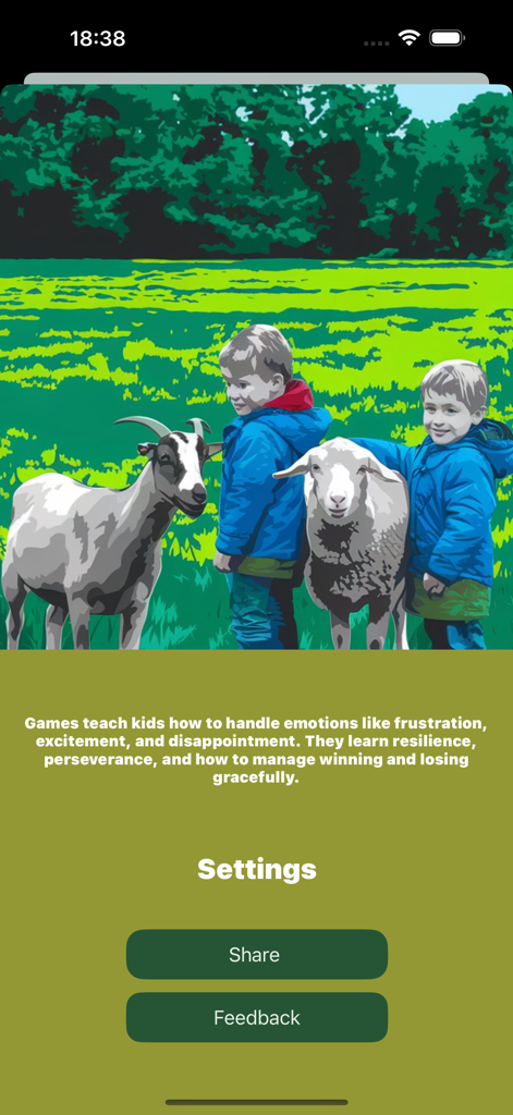 Settings screen of the Antova app featuring an illustration of children with a goat and sheep alongside text explaining the emotional benefits of games for kids.