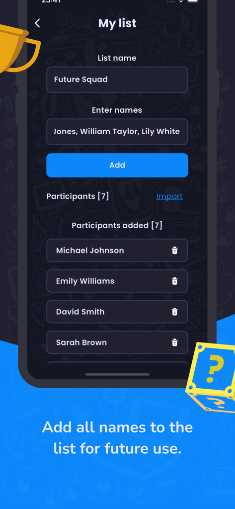 Magic Drawアプリのインターフェイス。マイケル・ジョンソン、エミリー・ウィリアムズなどの名前を含む、ランダム選択のための名前リストの作成が表示されます。