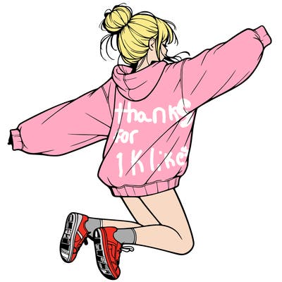 realistic girl jumping with a bun and oversized sweatshirt