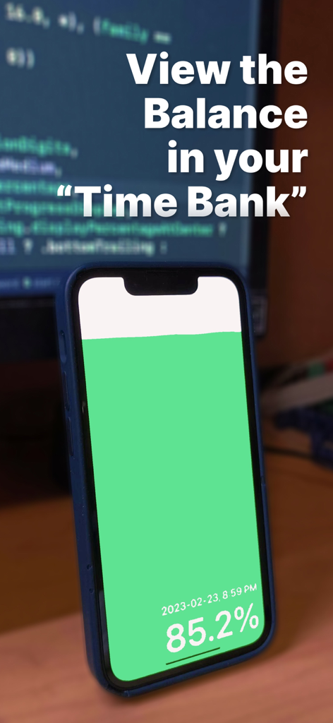 iPhone mostrando una barra de progreso visual de banco de tiempo verde que muestra un ochenta y cinco por ciento de tiempo restante