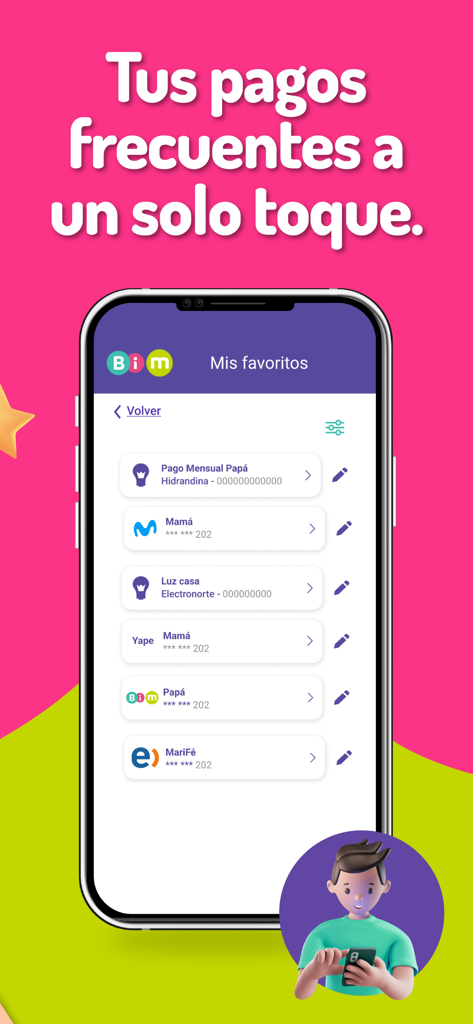 Bim - Interface da carteira móvel Bim mostrando uma lista de pagamentos frequentes favoritos e contatos para acesso rápido.