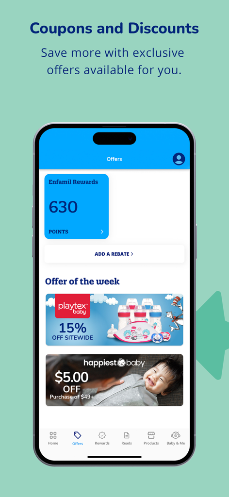 Enfamil: Baby Rewards Tracker® - Interfaccia dell'app Enfamil che visualizza punti premio e vari coupon per prodotti per bambini.