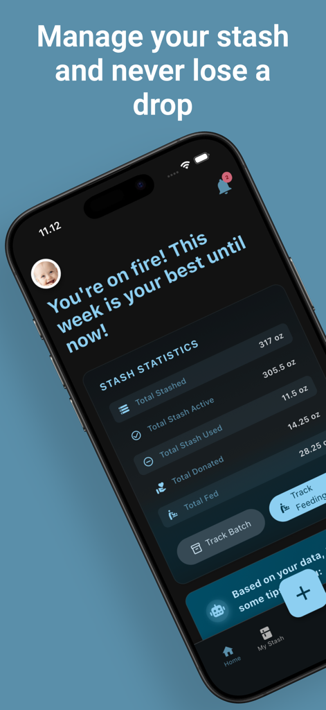 My Milk Stash: Pumping tracker - My Milk Stash App-Bildschirm, der Statistiken zur Muttermilchlagerung und das insgesamt verfolgte Volumen anzeigt