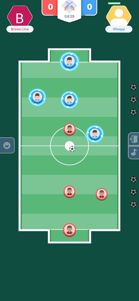 2 Player Game Box Online - Top down view of a soccer mini game with blue and red circular player pieces on a green field