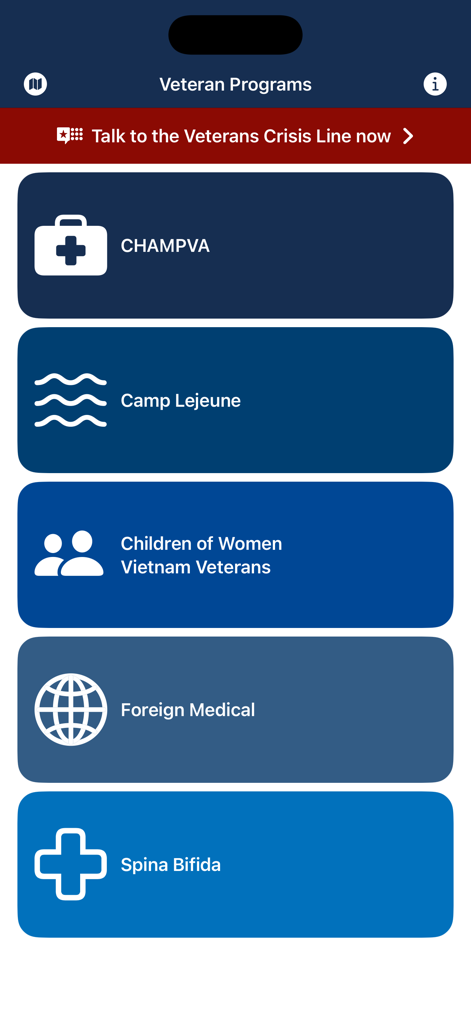 CHAMPVA mobile app dashboard showing various veteran health programs like Camp Lejeune and Foreign Medical.